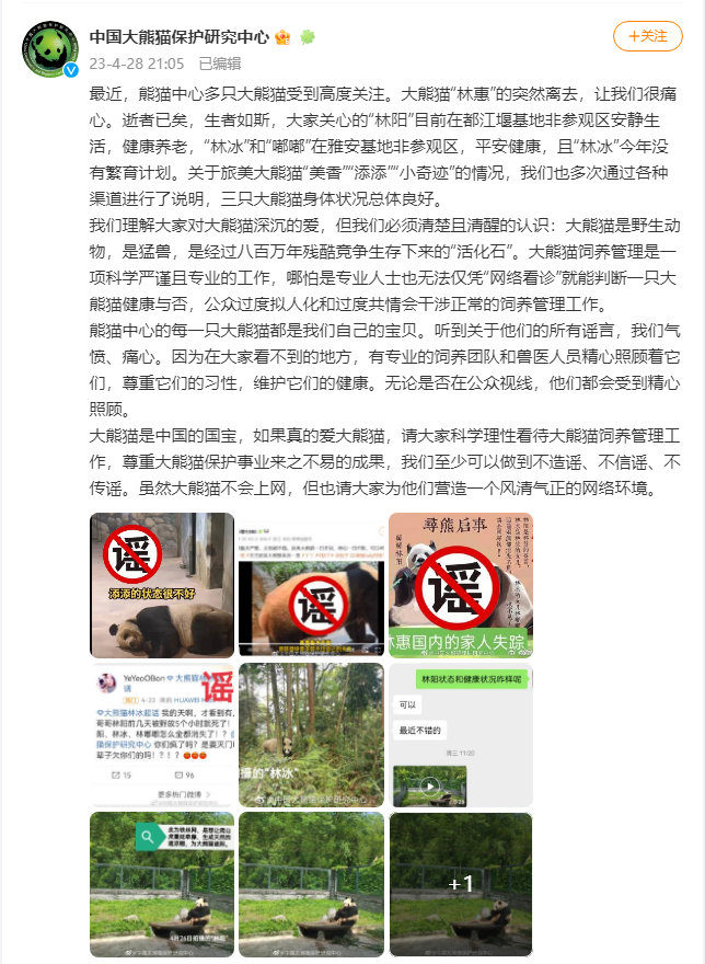中国大熊猫保护研究中心澄清多只大熊猫相关谣言